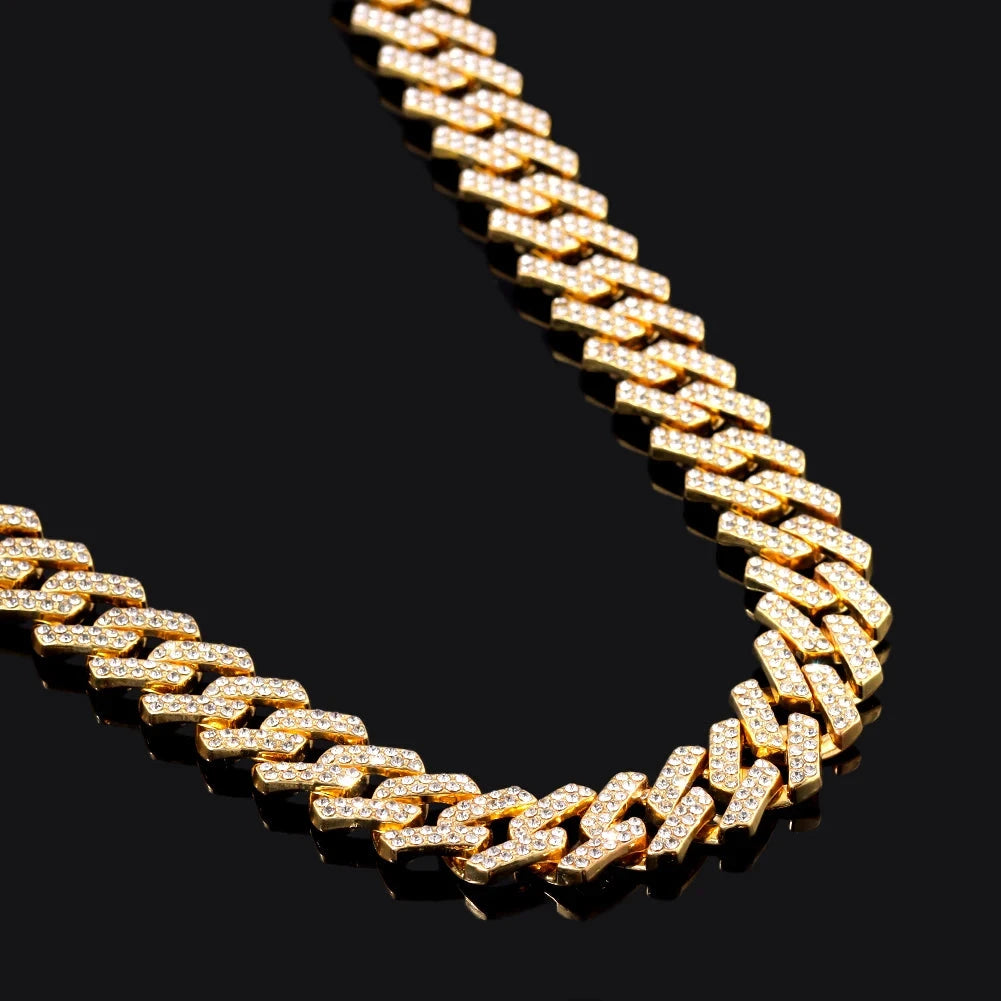 Iced Out Bling AAA Rhinestones Prong Cuban Link Chain Men's Necklace 2 Row Crystal Curb Cuban Chain Hip Hop Jewelry 13/14/20MM - AMULET RING STORE