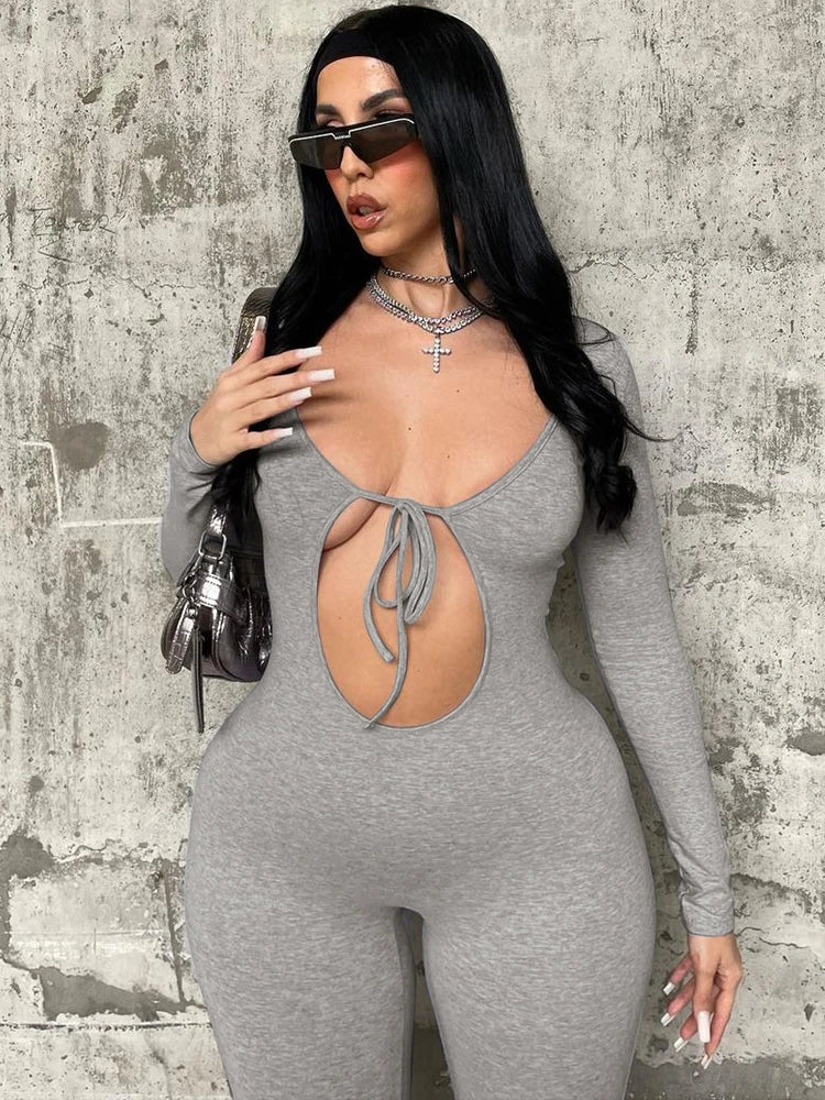 Dulzura Solid Pure Hole Hollow Out Straps Lace-Up Jumpsuit Long Sleeves 2023 Summer Autumn For Women Sexy Streetwear Wholesale - AMULET RING STORE