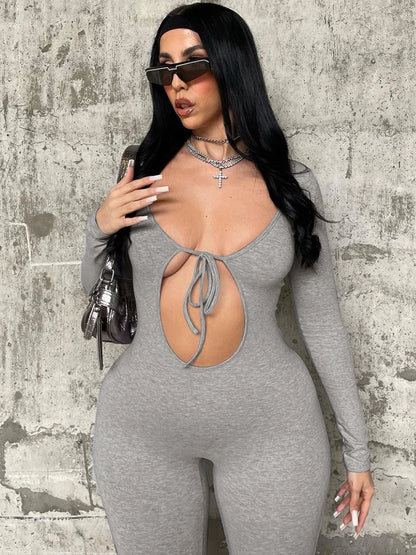 Dulzura Solid Pure Hole Hollow Out Straps Lace-Up Jumpsuit Long Sleeves 2023 Summer Autumn For Women Sexy Streetwear Wholesale - AMULET RING STORE