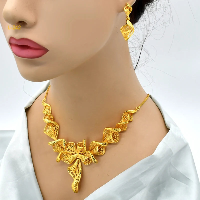 ANIID Africa Luxury Charm Necklace Sets With Tassel for Lady Indian Bridal Nigeria 24k Gold Plated Jewelry Set Party Gifts