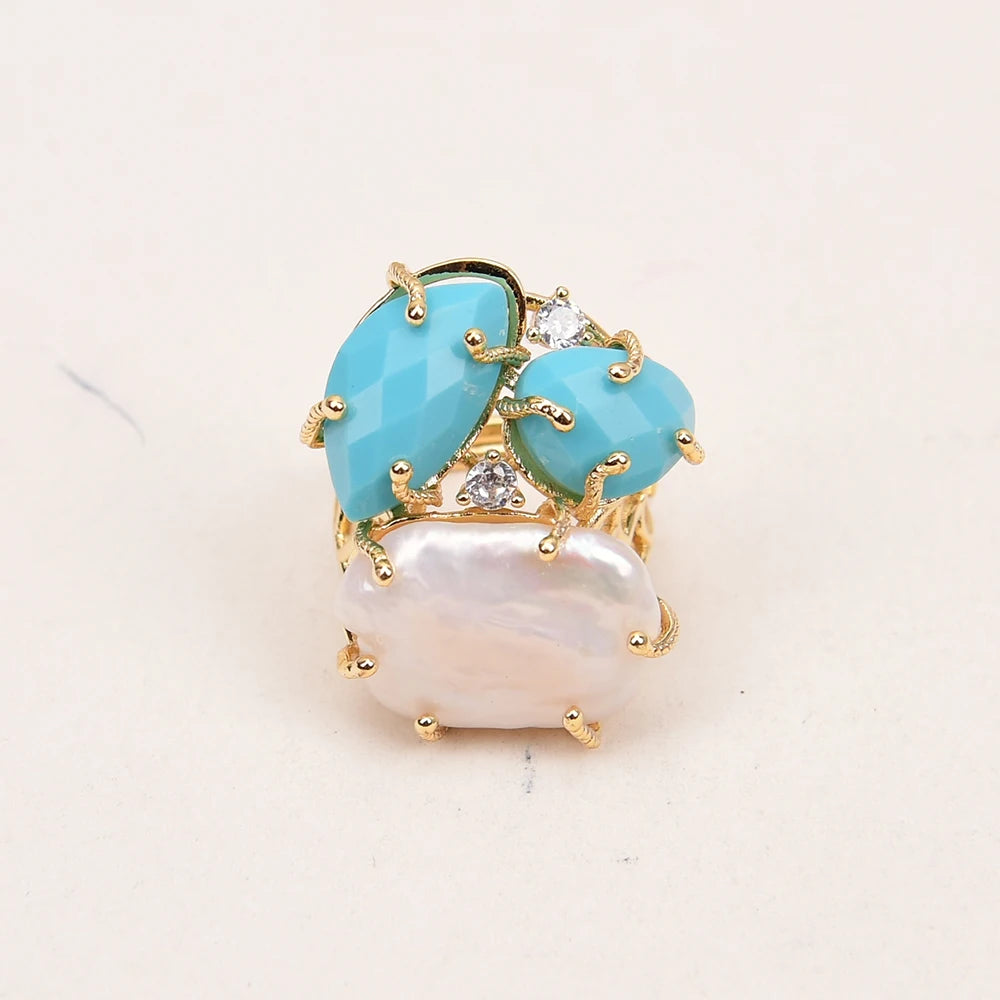 Natural White Pearl Blue Turquoise Stone Rings Adjustable Jewelry Gifts