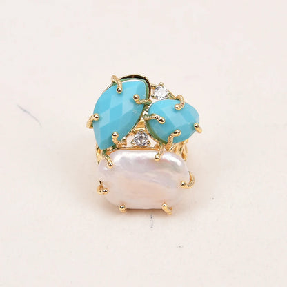 Natural White Pearl Blue Turquoise Stone Rings Adjustable Jewelry Gifts