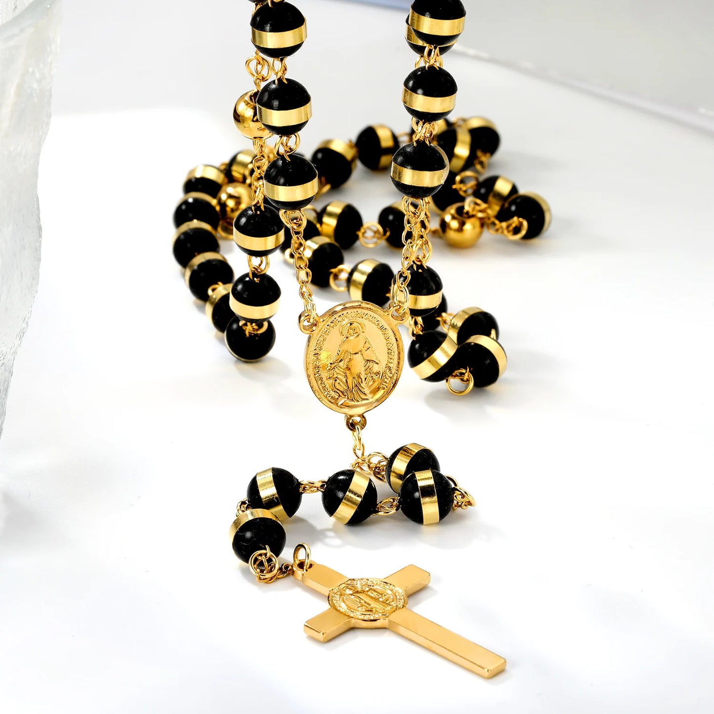 ASONSTEEL Long Scapular Catholic Rosaries Beads Christian Cross Jesus Pendant Necklaces Stainless Steel For Women Men Jewelry