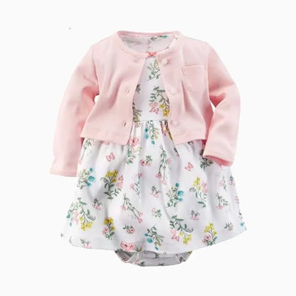 Infant Baby Girls Bodysuit Dress Cotton Floral Baby Girls Long-Sleeved Coat+Short SLeeve Dress 2Pieces Baby Girls Clothes sets