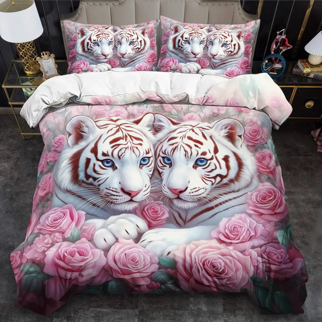 3pcs Fashion Bedding Set Tiger Pink Rose Digital Print Comfortable Breathable Duvet Cover King Queen Twin Single Size for Gift