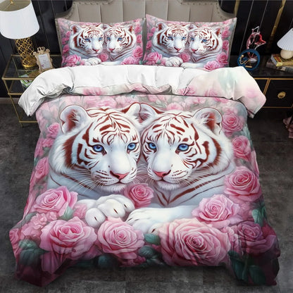 3pcs Fashion Bedding Set Tiger Pink Rose Digital Print Comfortable Breathable Duvet Cover King Queen Twin Single Size for Gift