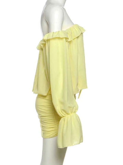 Sisterlinda Ruched Elegant Dress Women Sexy Hollow Ruffles Shirring Slash Neck Backless Puff Sleeve Street Fashion Mini Bodycon