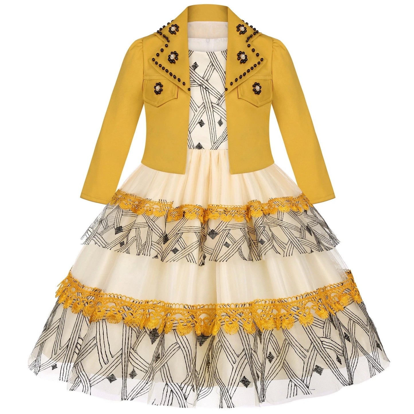 5-14 Years Girls Dress Summer Sleeveless Princess Dress + Long Sleeves Jacket 2Pcs Piano Performance Gown Teenagers Kids Clothes