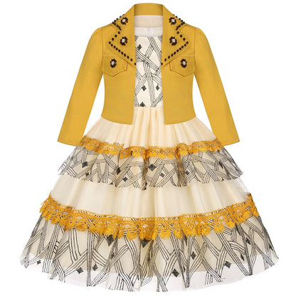 5-14 Years Girls Dress Summer Sleeveless Princess Dress + Long Sleeves Jacket 2Pcs Piano Performance Gown Teenagers Kids Clothes