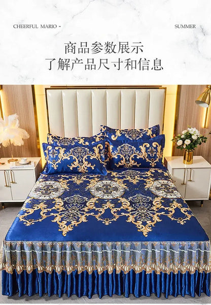 3Pcs/Lot Double Bed Sheet Set Classic Lace Royal Blue Bed Sheet Bed Skirt