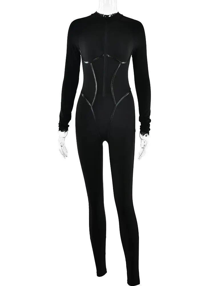 Articat Sexy Zipper Women Jumpsuit Long Sleeve Bandage Tights Solid Jumpsuits Female Party Bodycon Stretch Sporty & Leisure - AMULET RING STORE