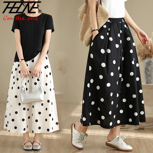 THHONE Summer Skirt Women 2025 High Waist Loose Fashion Vintage Dot Casual Korean Style Elegant A-line Skirts Women's Clothing