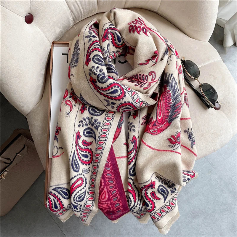 Winter Scarf Women Soft Cashmere Warm Pashmina Ethnic Blue Bird Print Scarves Wraps Thick Shawl Bufandas Tassel Stoles Hijabs - AMULET RING STORE