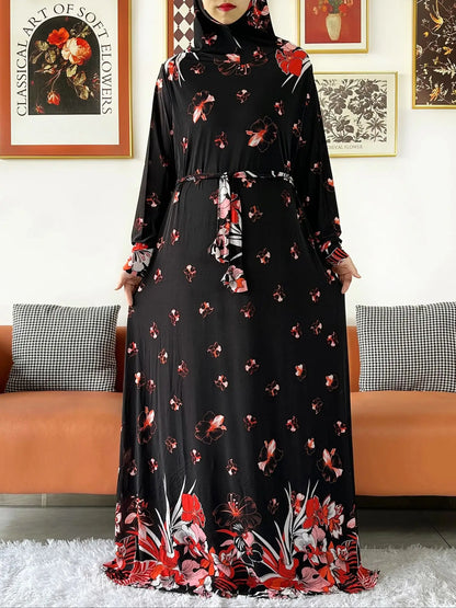 2025 Floral Ramadan Muslim Dress Solid Color Khimar Kaftan Abaya Robe with Attached Hijab Middle East Prayer Garment for Women - AMULET RING STORE