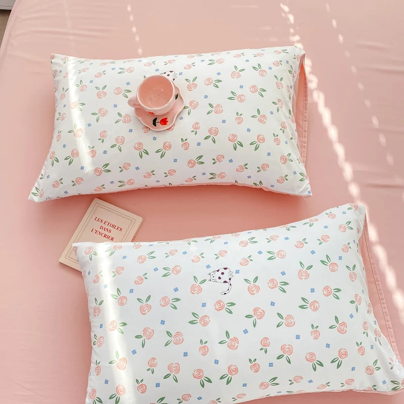 Korean Retro Floral Bedding Set 100% Washed Cotton Bed Sheets Set Soft Duvet Cover Bed Linen Pillowcase Single Double Queen King - AMULET RING STORE