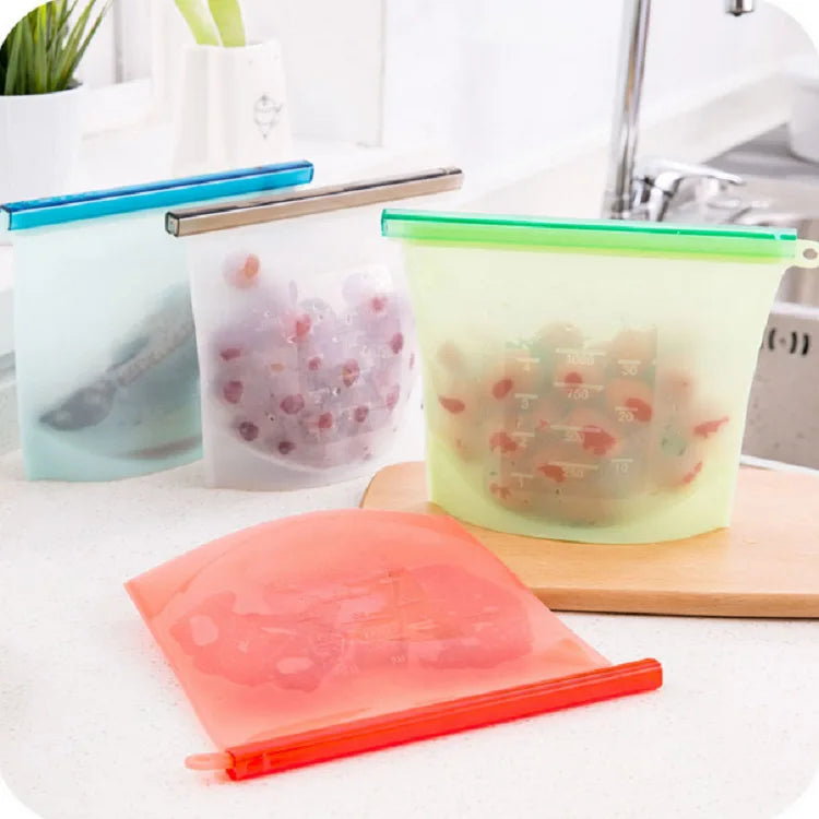 500-1500ML Silicone Bags Reusable Silicone Food Grade Storage Bag Lunch Sandwich Snack Fruit Freezer Zip Seal Keep Fresh Bags - AMULET RING STORE