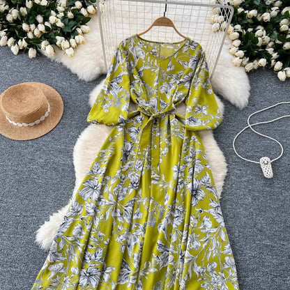 Elegant Boho Floral Print Floral Pleated Maxi Long Dress Female V Neck Puff Sleeve Belt Dresses Women Summer Dress Robe