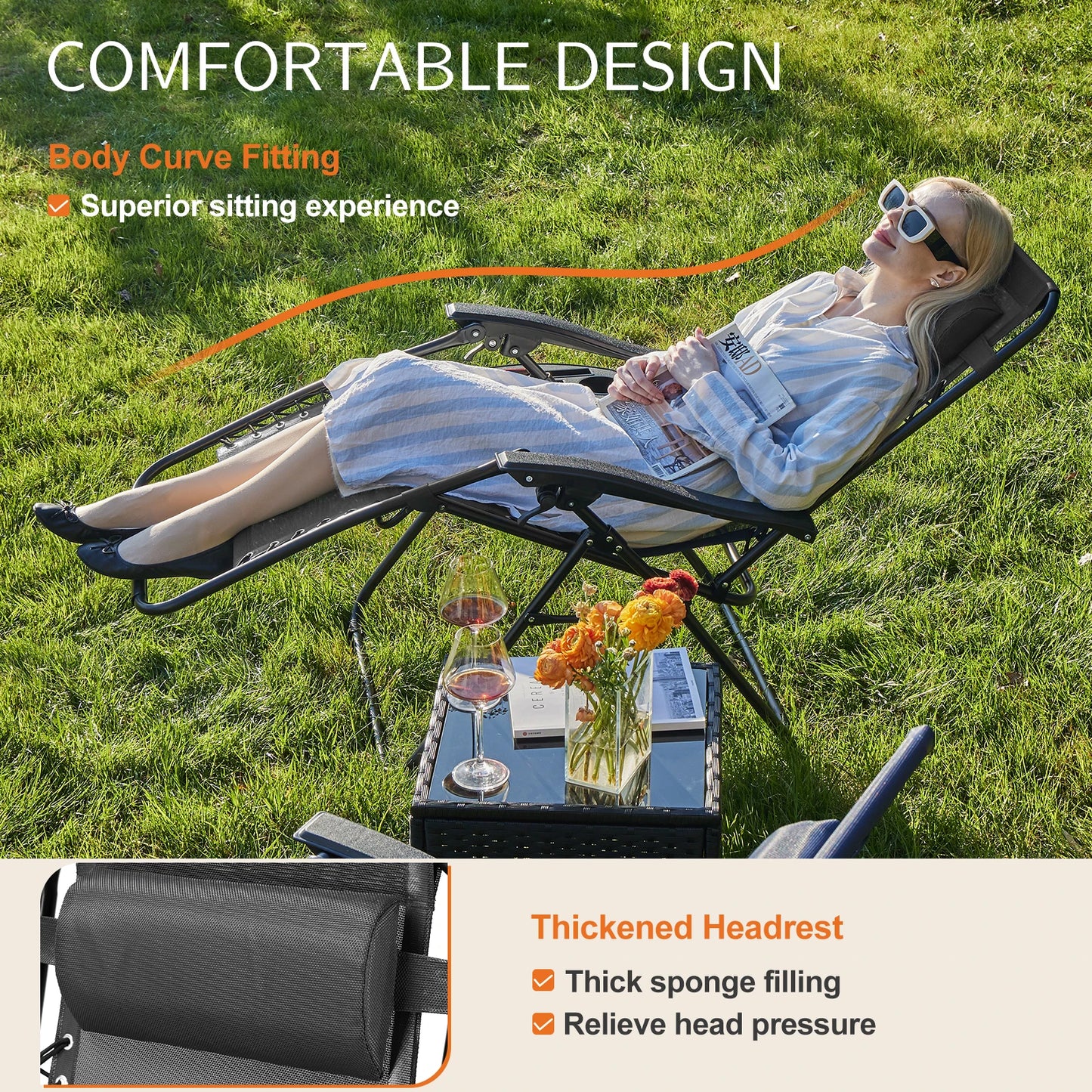 JHK Zero Gravity Set of 2 Portable Recliner Camping Patio Outdoor Garden Lounge Chair with Cup Holder Trays Adjustable Pillow - AMULET RING STORE