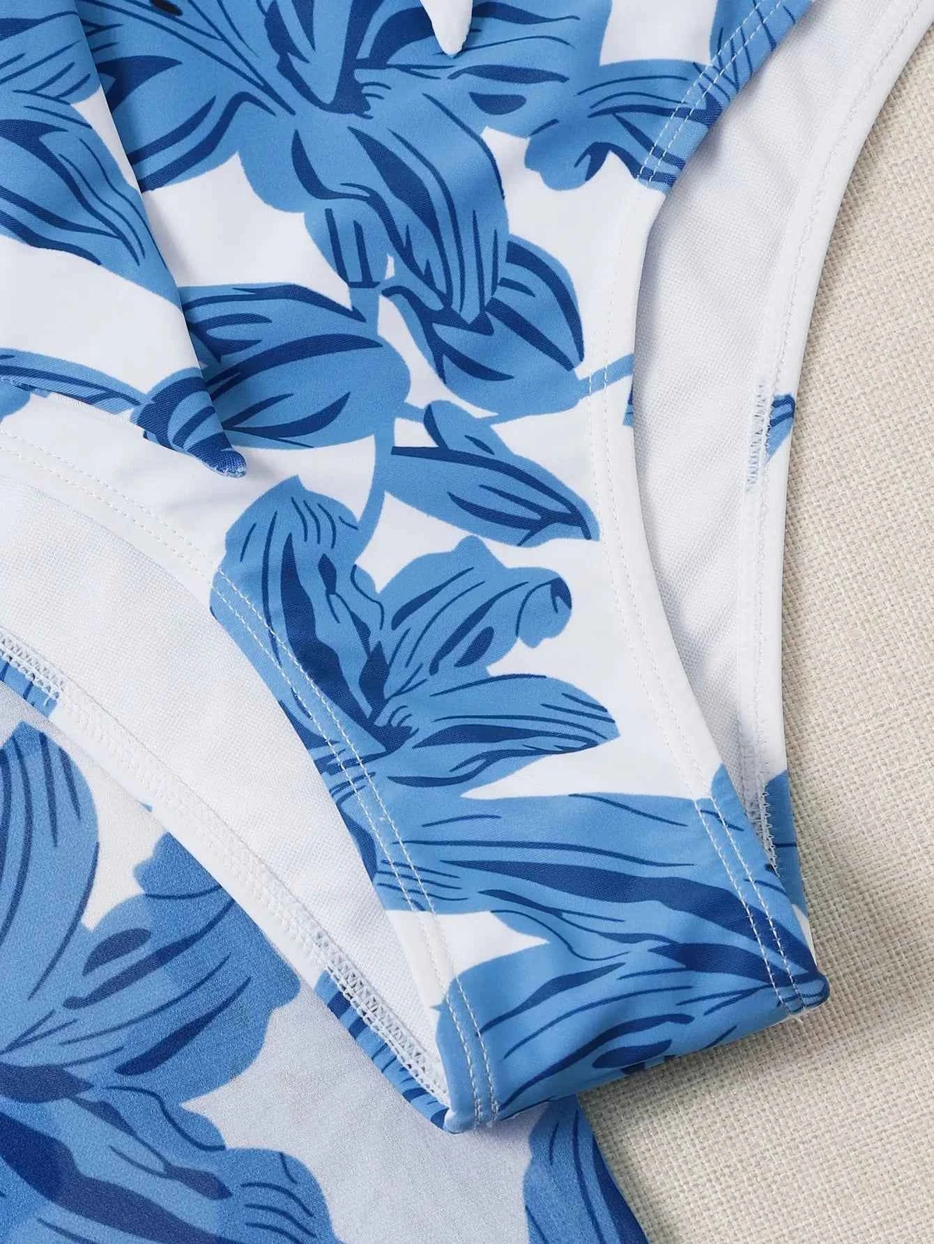 3 Pieces Floral Print Knot Front Bikinis 2025 Women Ruffle Swimwear Female High Waist Swimsuit With Beach Skirt Bathing Suit