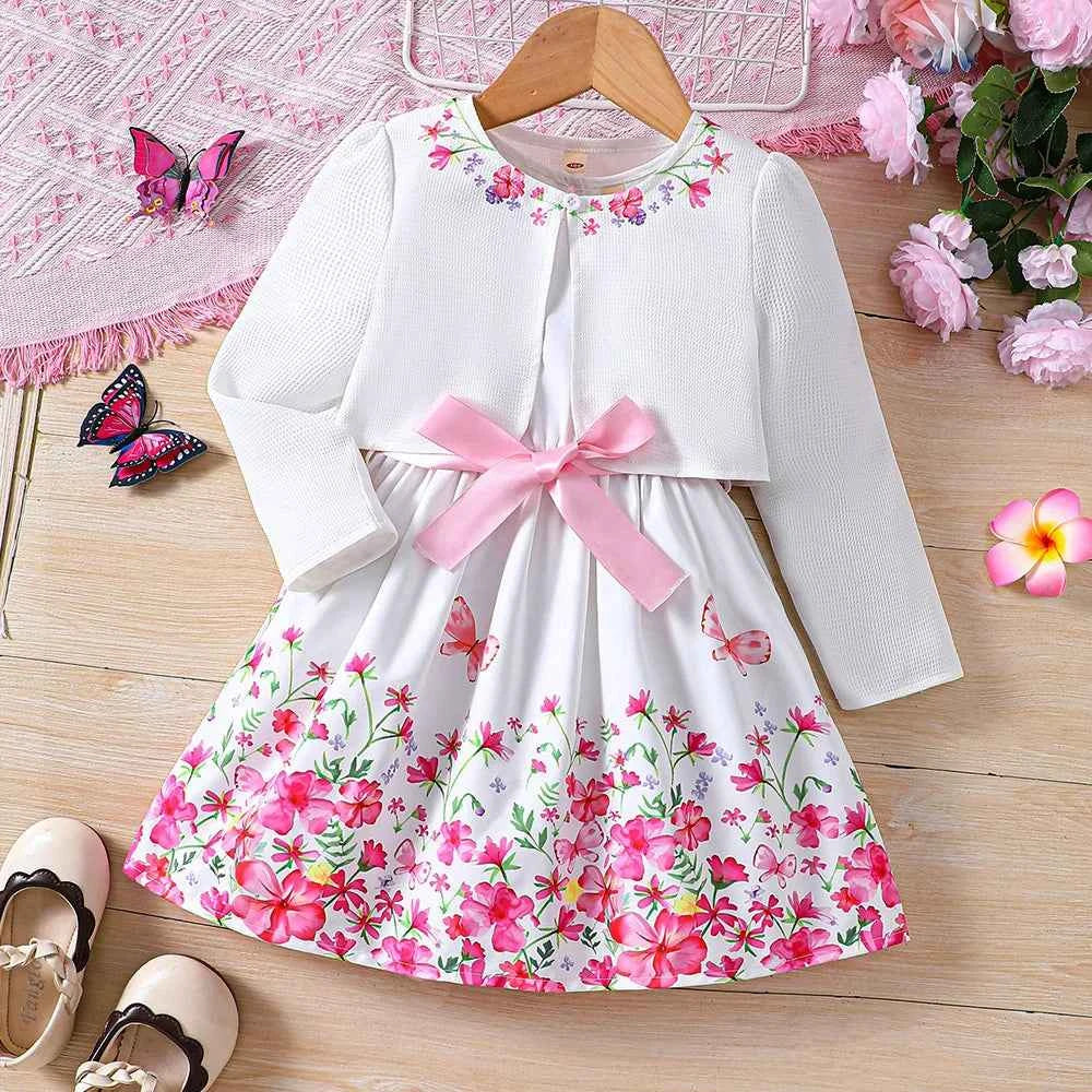 Kids Casual Clothing Sets Outfits for Girls Autumn Winter 2024 New Toddler Floral Print Long Sleeve Coat Tank Dress Children