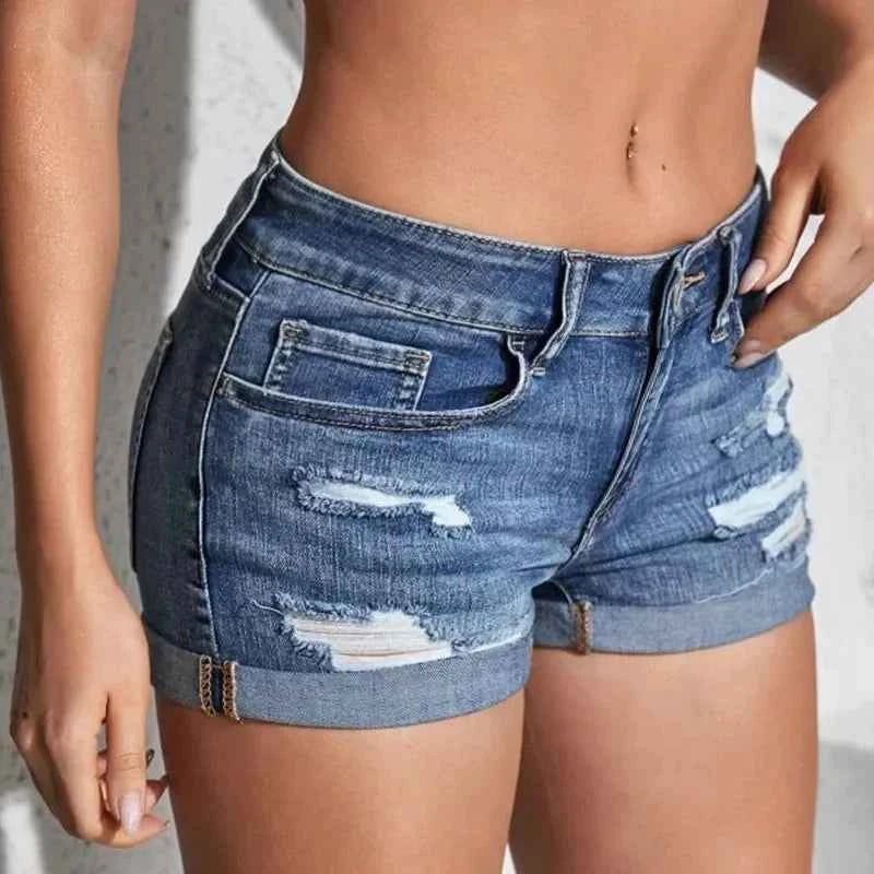 Women's Split Denim Shorts Summer Beach Wild Fashion Sexy Mid Waist Curled Cuff Perforated Elastic Slim Fit Casual Shorts