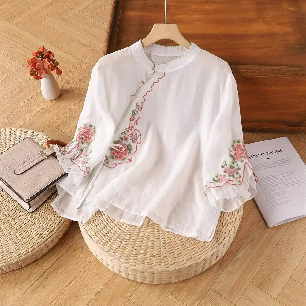Casual Loose Blouse Shirt Women Clothes Summer Cotton Linen Ladies Tops Tee Blusas Vintage Embroidery Woman Shirt Camiseta Mujer