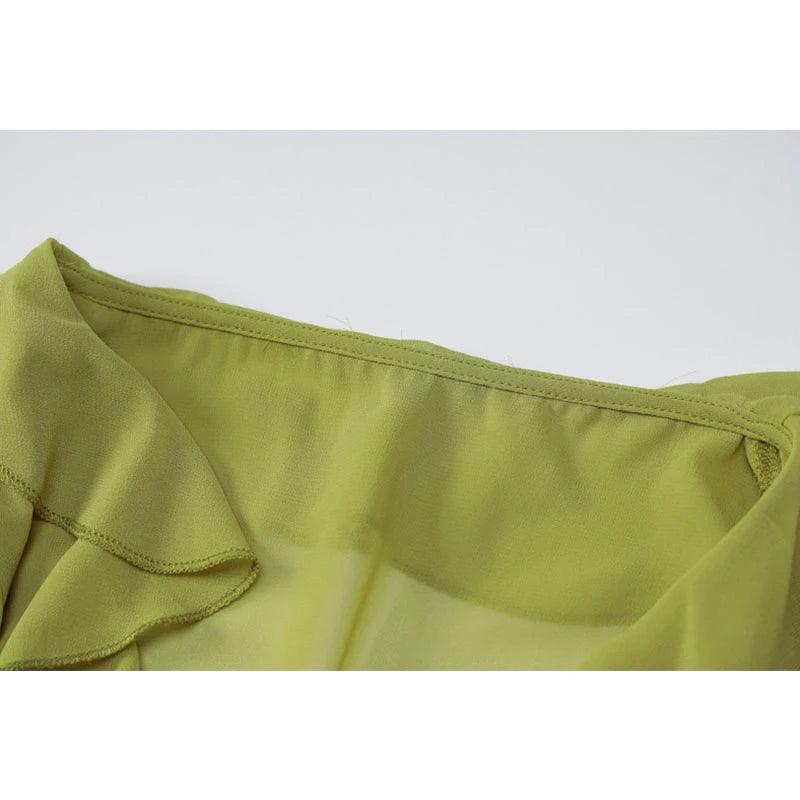 Vintage 90s Streetwear Ruffles Trim Green Chiffon T-shirts Y2K Fashion Sexy Deep V Lace Up Long Sleeve Tops Transparent - AMULET RING STORE
