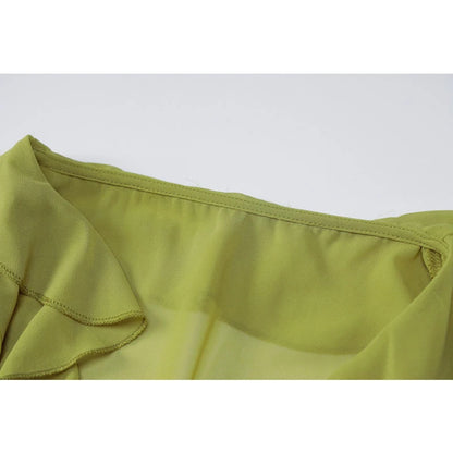 Vintage 90s Streetwear Ruffles Trim Green Chiffon T-shirts Y2K Fashion Sexy Deep V Lace Up Long Sleeve Tops Transparent - AMULET RING STORE