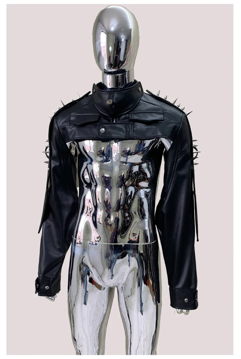 Mauroicardi Spring Autumn Cool Black Cropped Faux Leather Jacket Men Rivet Long Sleeve Zip Up Luxury Punk Style Emo Clothes 2025