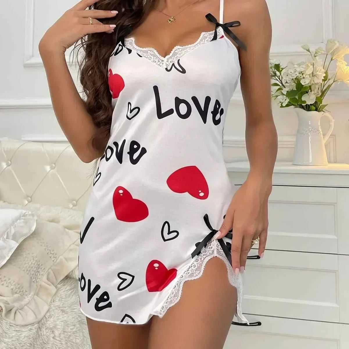 Heart Letter Floral Slip Nightdress Lace Trim Deep V Side Split Sleep Dress Soft Breathable Fabric For Women Night Gown