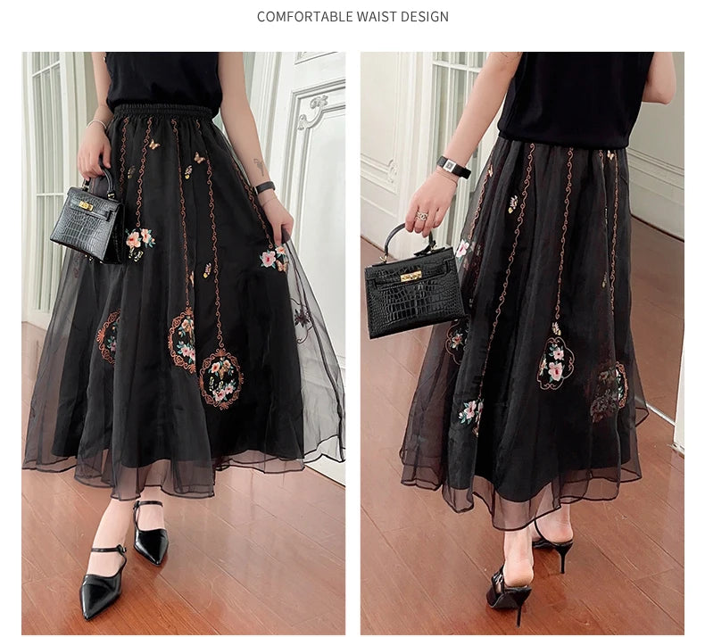 Chinese Style Retro Long Skirt Flowers Embroidered Summer Fairy Skirt Elastic Waist Gauze Skirt Party Lady A-line Skirts