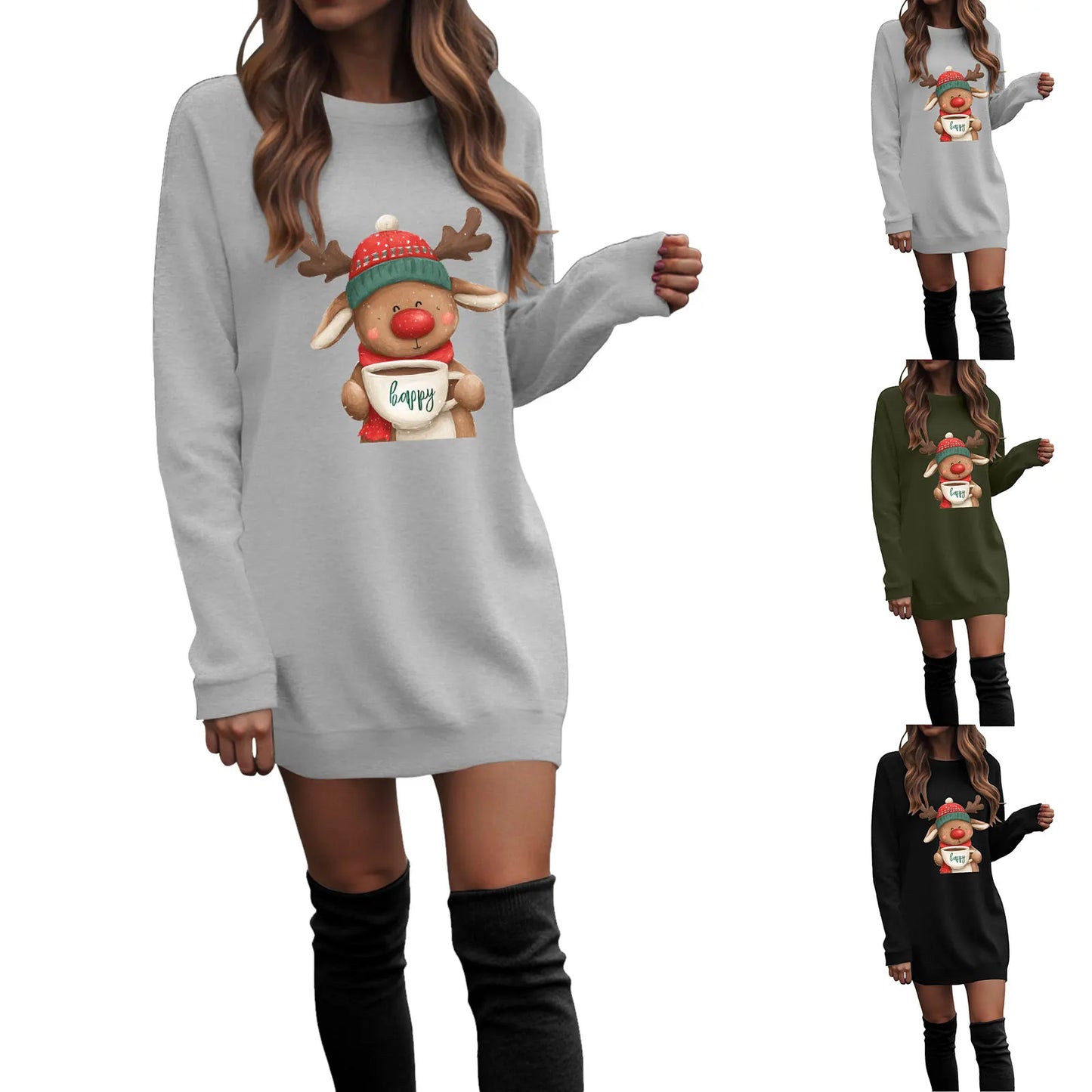 Ladies Casual Christmas Printed Round Neck Pullover Long Sleeved Sweatshirt Dress Comfy Striped Print Long Sleeve Sweatshirt