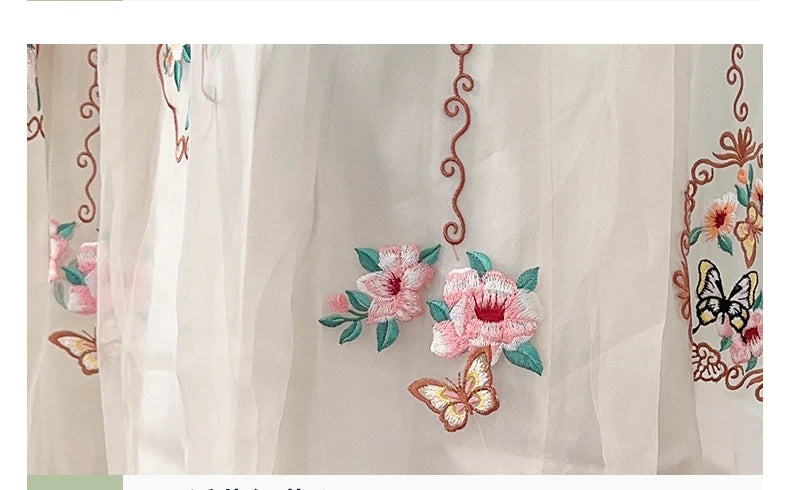 Chinese Style Retro Long Skirt Flowers Embroidered Summer Fairy Skirt Elastic Waist Gauze Skirt Party Lady A-line Skirts