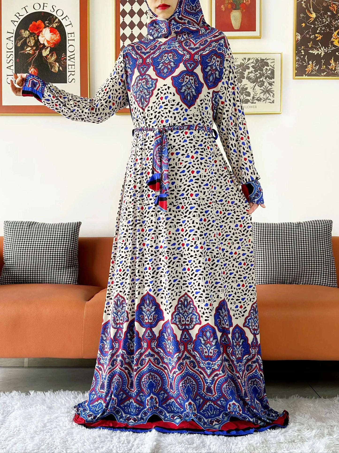 2025 Floral Ramadan Muslim Dress Solid Color Khimar Kaftan Abaya Robe with Attached Hijab Middle East Prayer Garment for Women - AMULET RING STORE