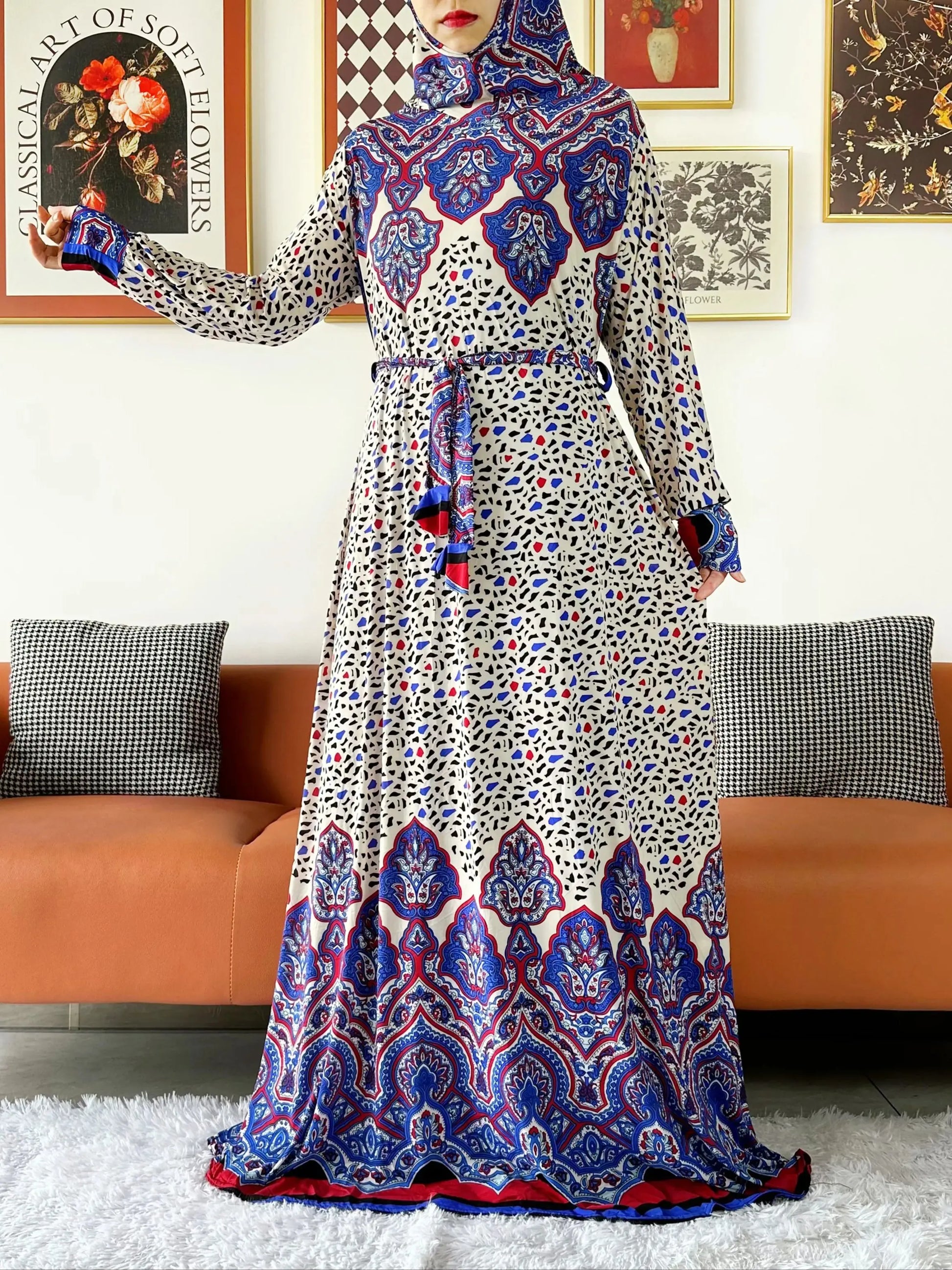 2025 Floral Ramadan Muslim Dress Solid Color Khimar Kaftan Abaya Robe with Attached Hijab Middle East Prayer Garment for Women - AMULET RING STORE