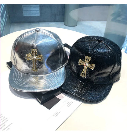 Leather Hip Hop Hat Street Personality Fashion Play Cool Baseball Cap Stage Show Hip Hop Dance Unisex Flat Brim Hats - AMULET RING STORE