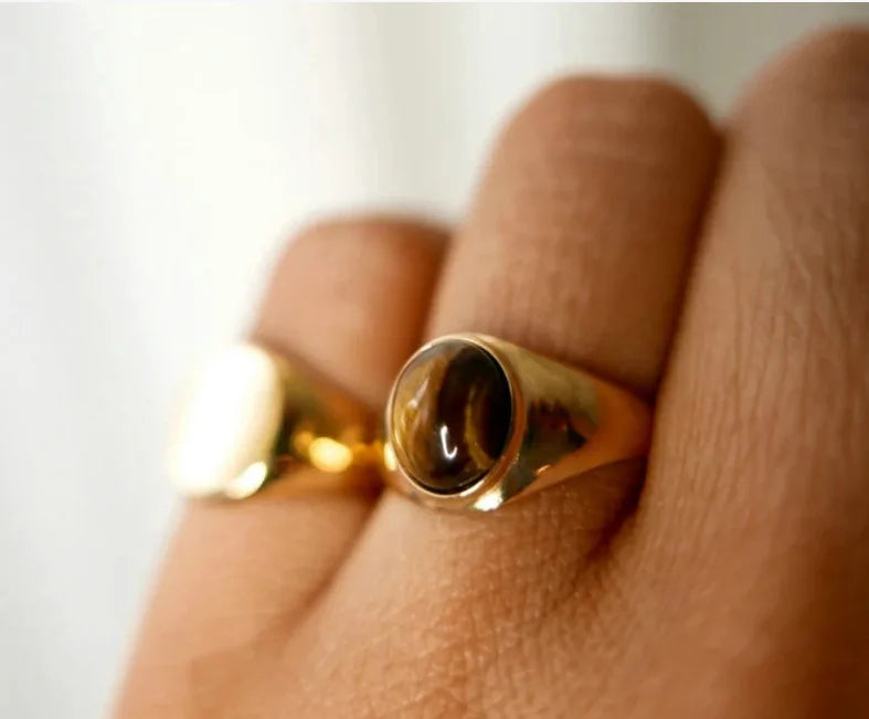 Elegant Vintage Stainless Steel Rings For Women Bohemia Oval Tiger Eye Stone Obsidian Engagement Rings Jewelry