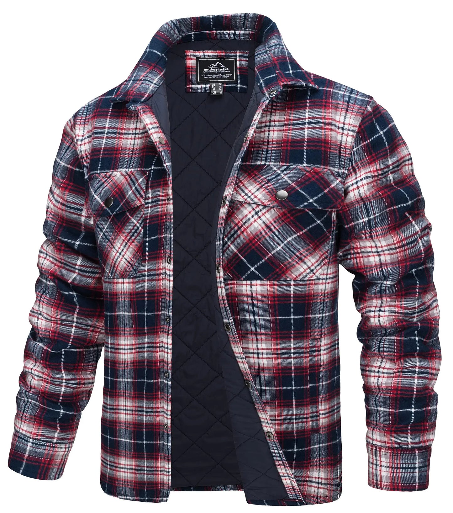 TACVASEN Winter Plaid Cotton Jackets Mens Long Sleeve Quilted Lined Flannel Shirt Jacket Multi-Pockets Outwear Hiking Coats Tops