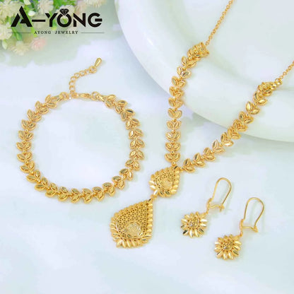 Luxury Dubai Wedding Jewelry Set 21k Gold Plated Arab Bridal Gold Necklace Bracelet Earrings Brazilian Women Vintage Jewelrys
