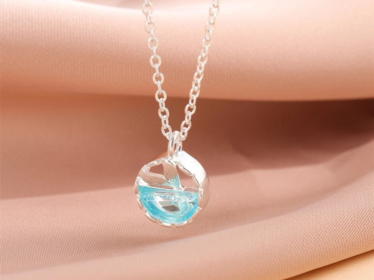 Mermaid Foam 925 Sterling Silver Fish Tail Tear Blue Crystal Clavicle Chain Pendant Necklaces