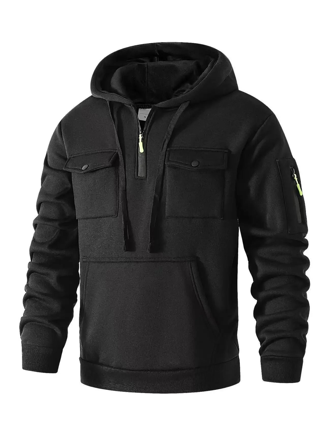 New autumn and winter men's hooded sweatshirt with multiple pockets, long sleeved hooded wool top, men's casual sports jacket