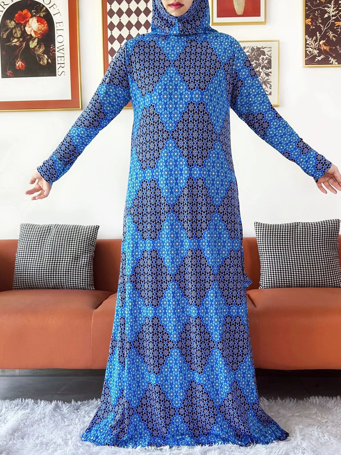 2025 Floral Ramadan Muslim Dress Solid Color Khimar Kaftan Abaya Robe with Attached Hijab Middle East Prayer Garment for Women - AMULET RING STORE