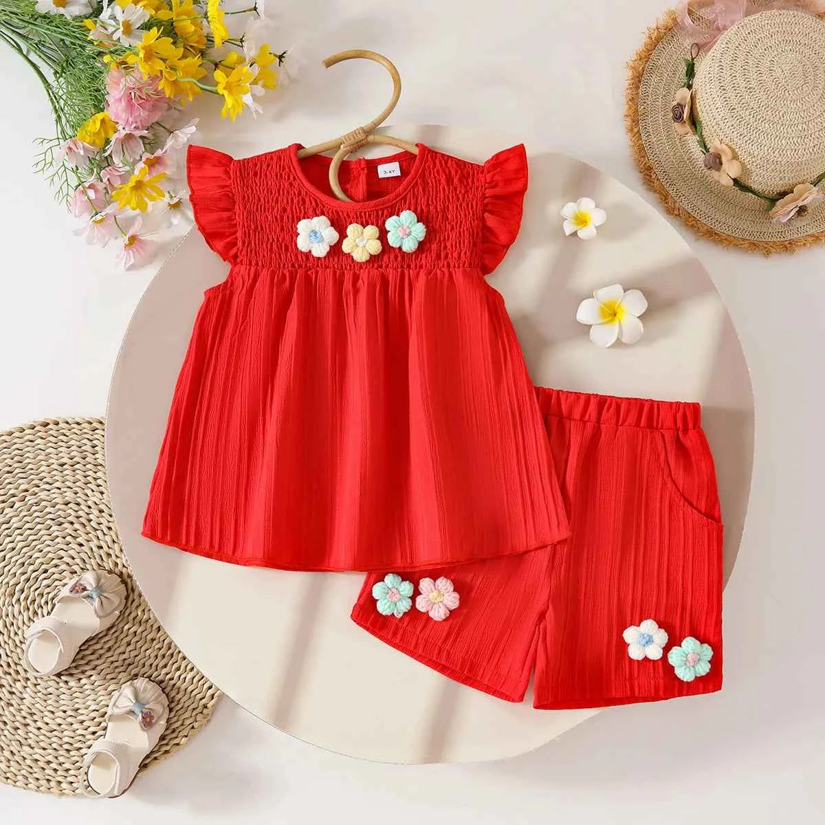 Baby Girls Summer Set Flowers Short Sleeved Top Bow Shorts Casual Toddler Clothes for Kids 1-4 Year