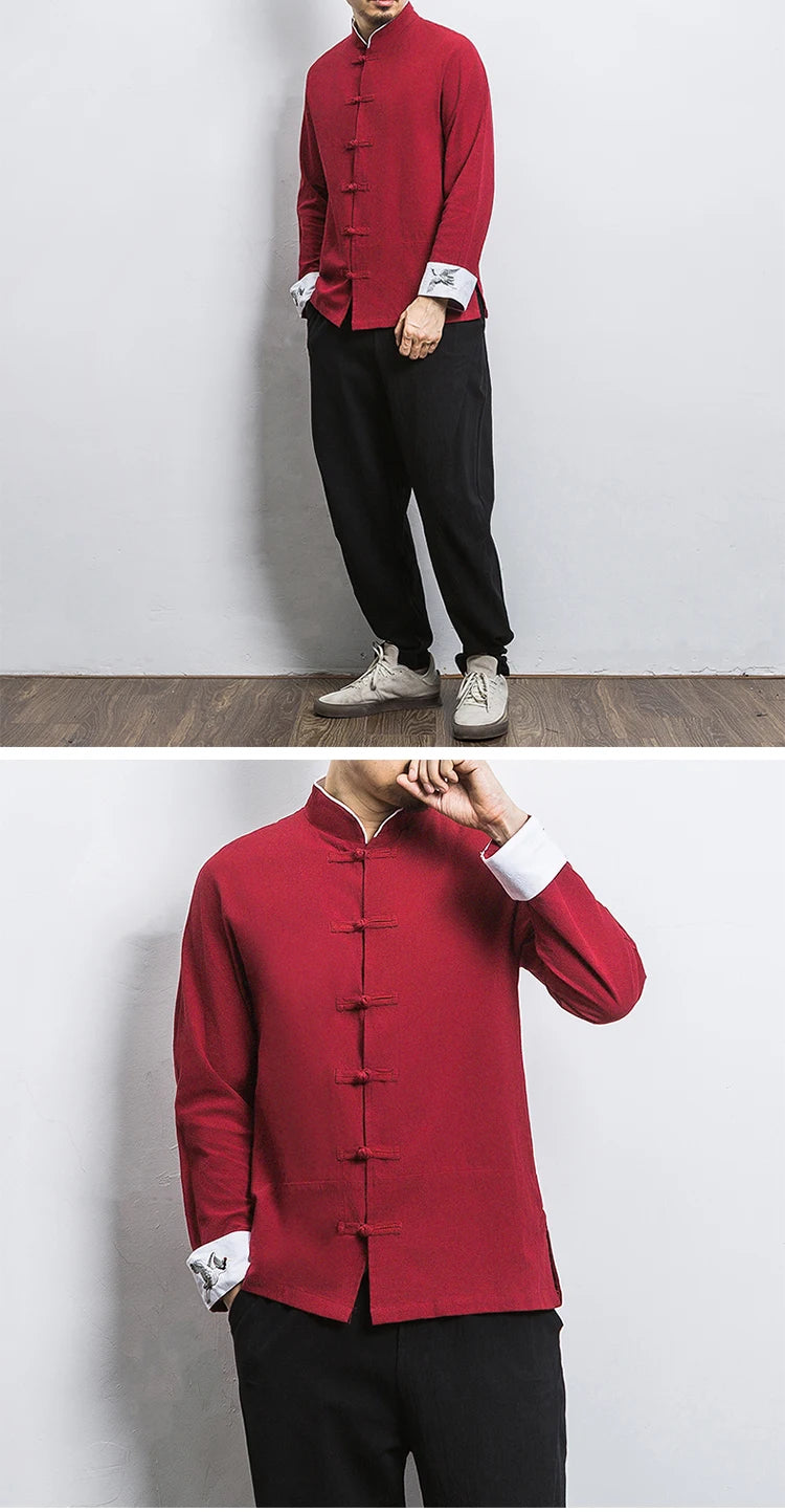 New Crane Embroidery Top Traditional Chinese Clothing for Men Vintage Half Sleeve Linen Shirts Solid Madarin Collar Hanfu Kungfu