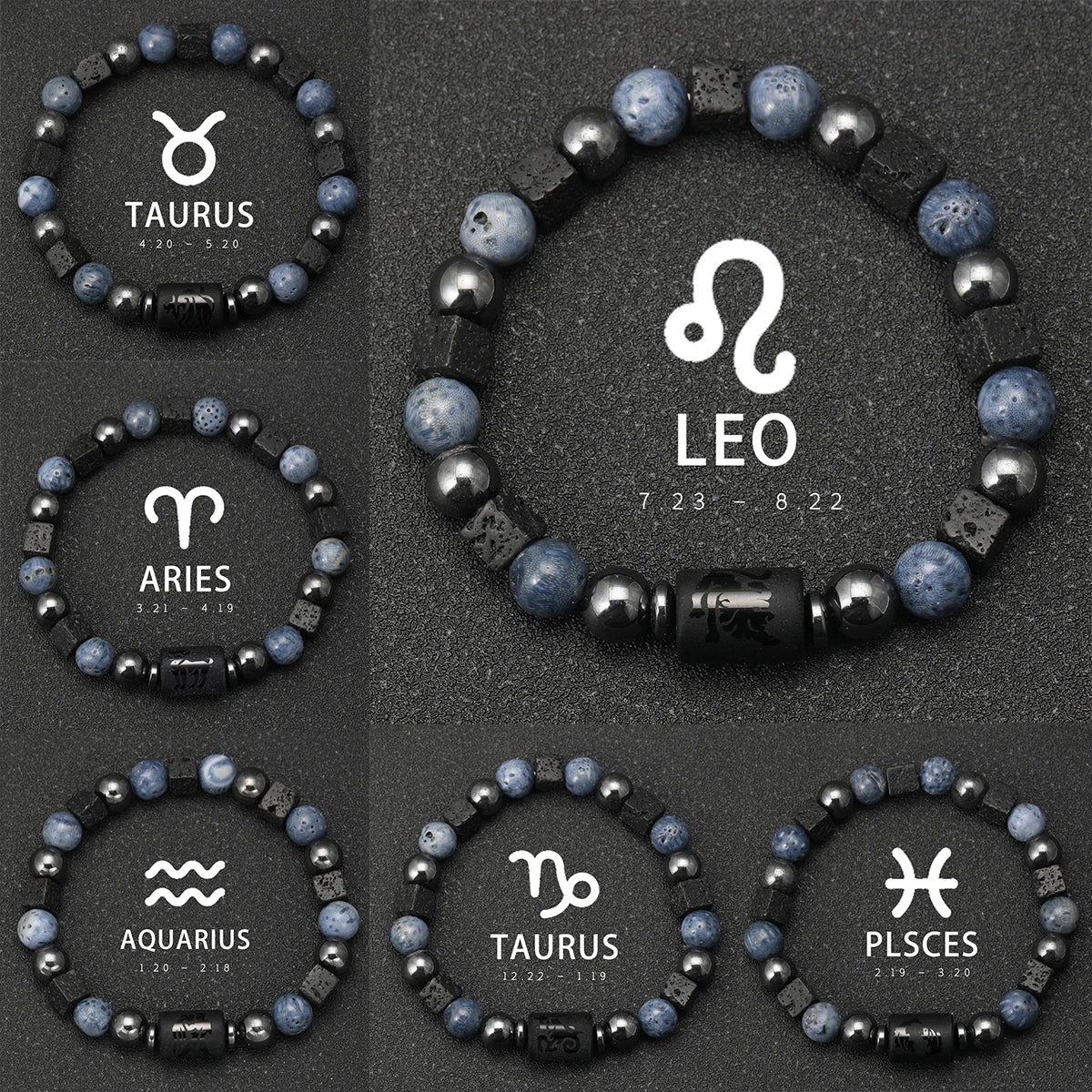 12 Constellation Natural Blue Coral Lava Stone Stone Beads Bracelet For Men Couple Rope Friendship Zodiac
