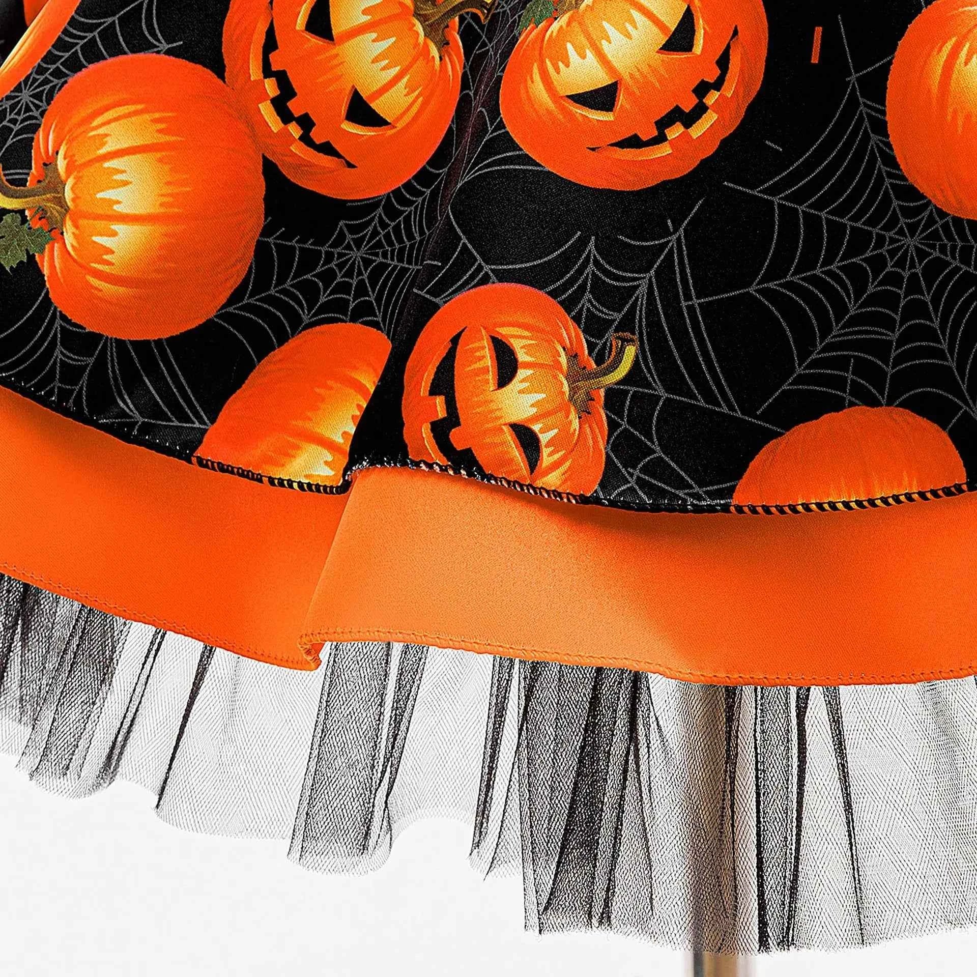 Baby Girl Halloween Costume 0-3 Yrs Little Girl Fantasy Dress Children Pumpkin Skeleton Print Fluffy Gown Kids Cute Orange Frock