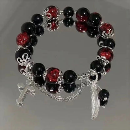 Creative Personalized Beaded Bracelet Red Crystal Feather Pendant Bracelet New Women Vintage Elastic Beaded Chain Accessories