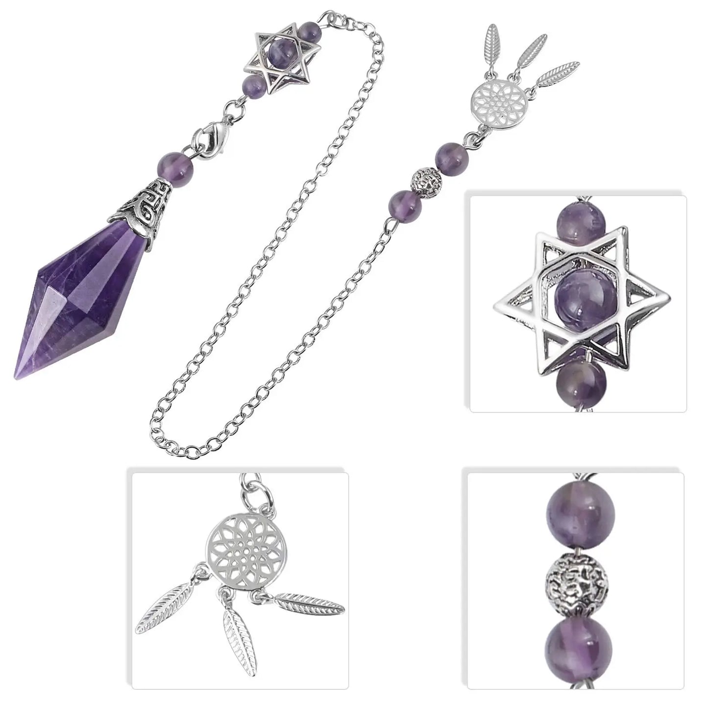 Natural Stone Crystal Pendulum for Reiki Divination 12 Facet Hexaonal Points with Dream Catcher Chain Spiritual Pendulos X072