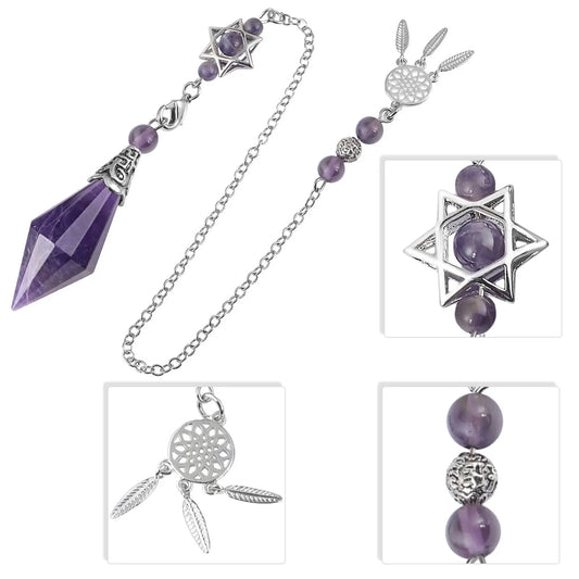 Natural Stone Crystal Pendulum for Reiki Divination 12 Facet Hexaonal Points with Dream Catcher Chain Spiritual Pendulos X072