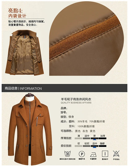 Men's Double Collar Wool Coat  Fashion Handsome Autumn Winter Business Style High Quality Middle-aged Men's Fashion Woolen Coat